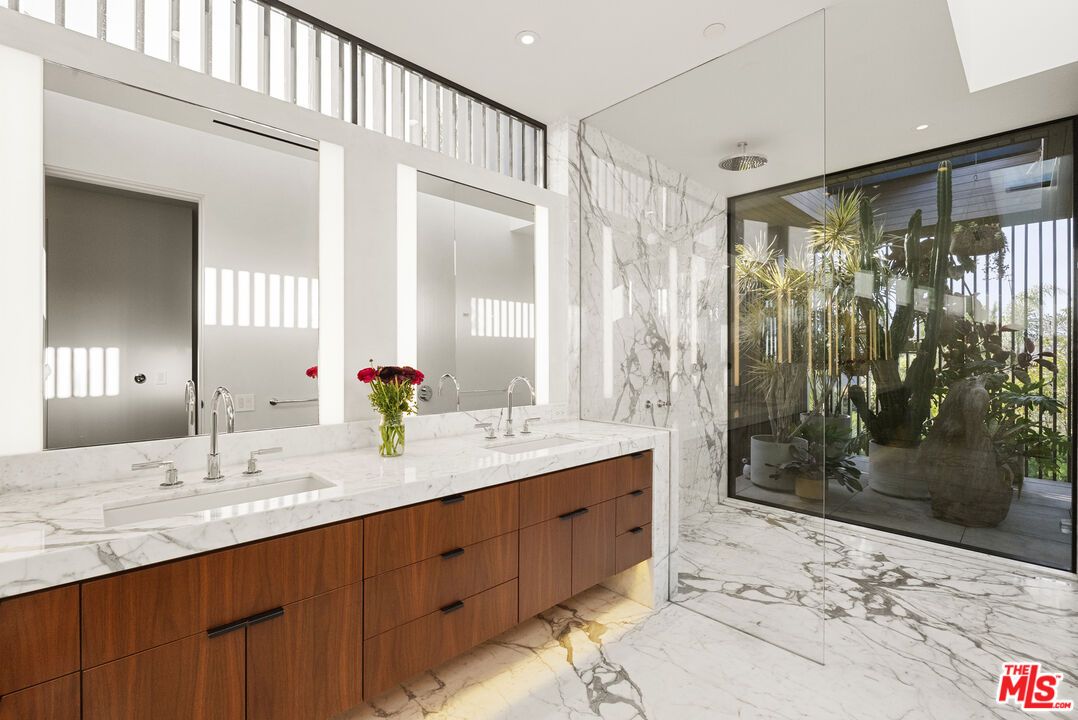 Bathroom, Dual Sink Vanities, Glass Shower, Interior, Marble, Marble Walls, Recessed Lighting