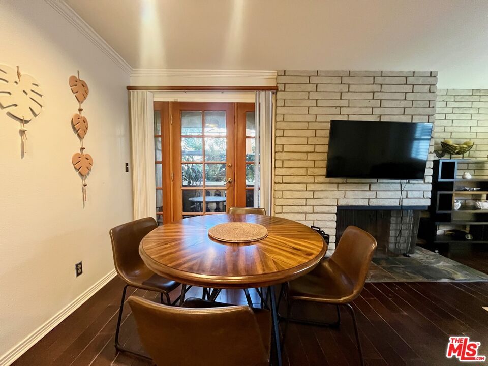 Dining room, Fireplace, Interior, Stone Walls, Wood Texture Flooring