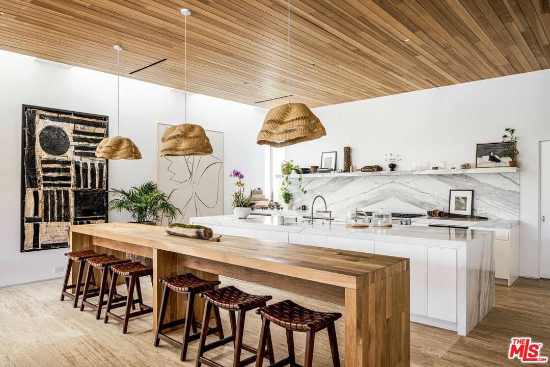 Interior, Kitchen, Marble Walls, Pendant Lights, Recessed Lighting, Stainless Steel Appliances, Wooden Ceilings, Wood Texture Flooring