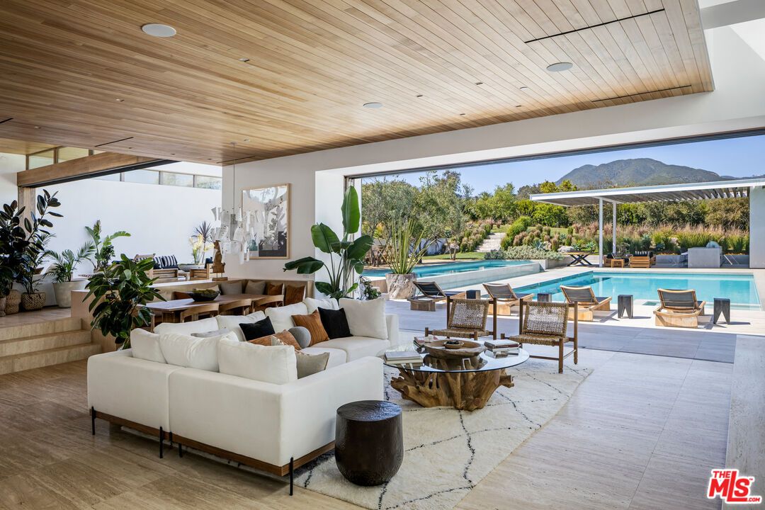 Dining room, Interior, Living room, Pool, Recessed Lighting, Wooden Ceilings