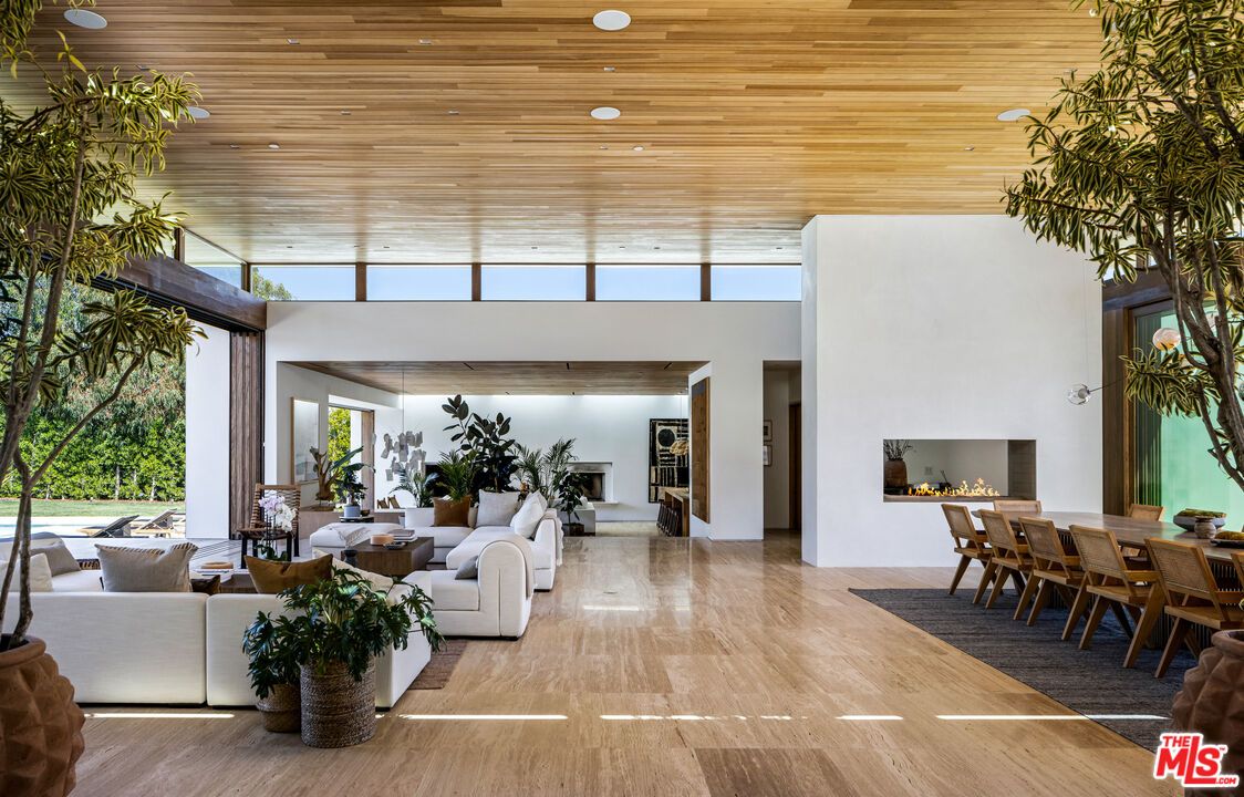 Dining room, Fireplace, Interior, Living room, Recessed Lighting, Wooden Ceilings, Wood Texture Flooring