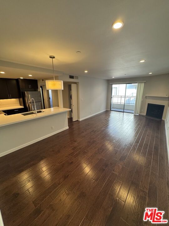 Empty room, Interior, Kitchen, Pendant Lights, Recessed Lighting, Wood Texture Flooring
