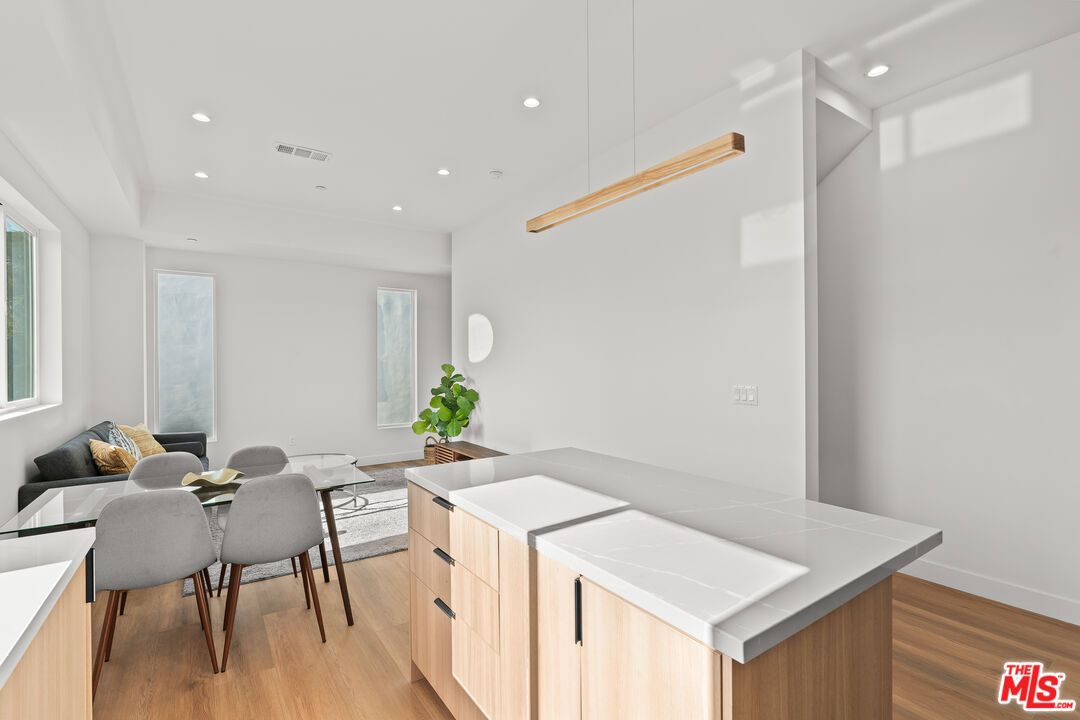 Dining room, Interior, Pendant Lights, Recessed Lighting, Wood Texture Flooring