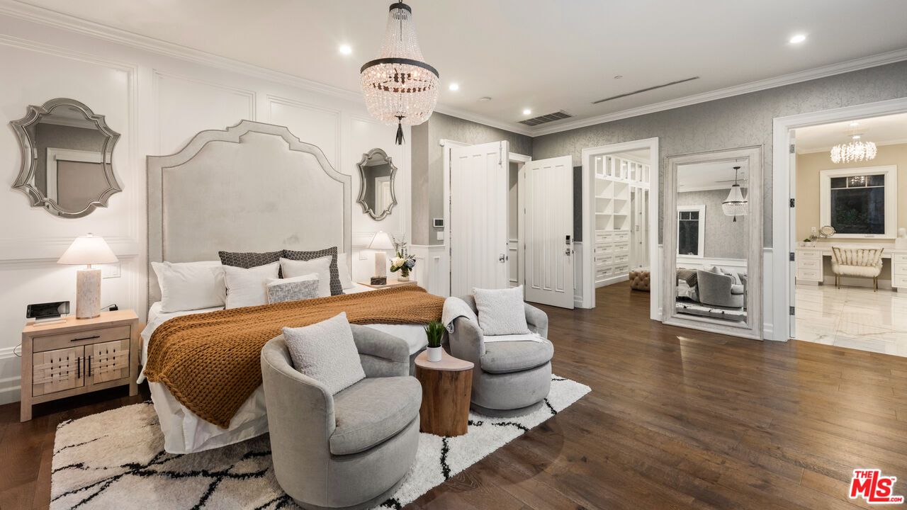 Bedroom, Chandelier, Interior, Recessed Lighting, Wood Texture Flooring