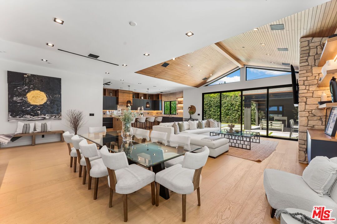 Dining room, Interior, Kitchen, Living room, Pendant Lights, Recessed Lighting, Stone Walls, Wooden Ceilings, Wood Texture Flooring