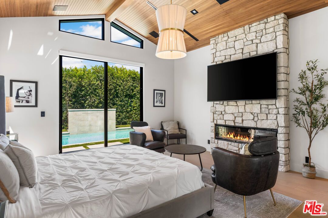 Bedroom, Fireplace, Interior, Stone Walls, Wooden Ceilings, Wood Texture Flooring