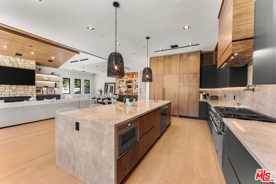 Interior, Kitchen, Living room, Pendant Lights, Recessed Lighting, Stainless Steel Appliances, Wooden Ceilings, Wood Texture Flooring