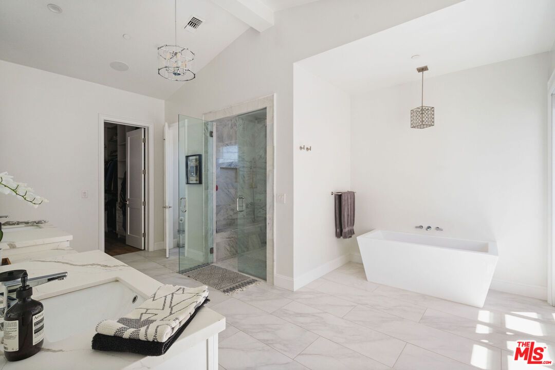 Bathroom, Glass Shower, Interior, Marble, Pendant Lights