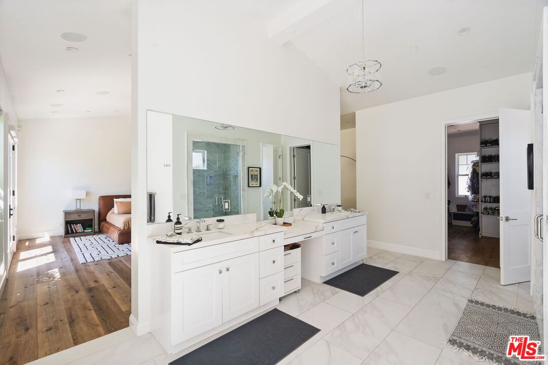 Bathroom, Bedroom, Dual Sink Vanities, Interior, Marble, Pendant Lights, Recessed Lighting, Wood Texture Flooring
