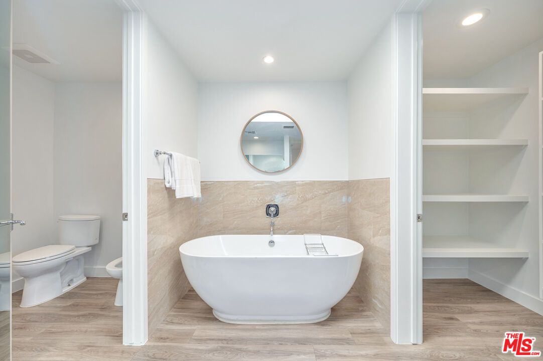 Bathroom, Free Standing Baths, Interior, Recessed Lighting, Wood Texture Flooring
