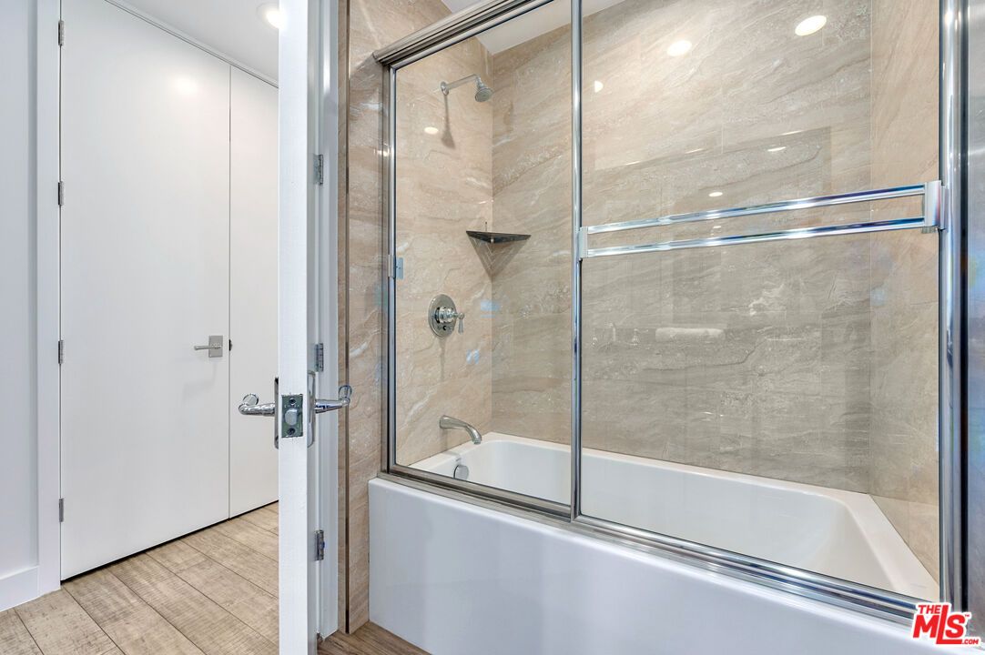 Bathroom, Glass Shower, Interior, Recessed Lighting, Wood Texture Flooring