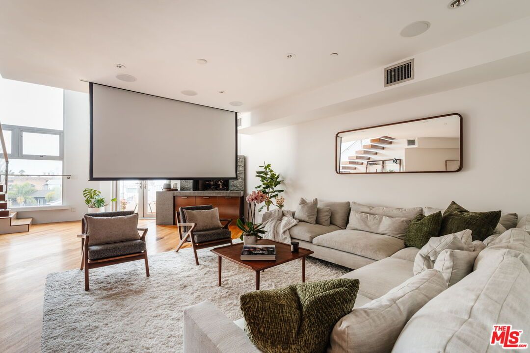 Interior, Living room, Projection Screen, Recessed Lighting, Wood Texture Flooring