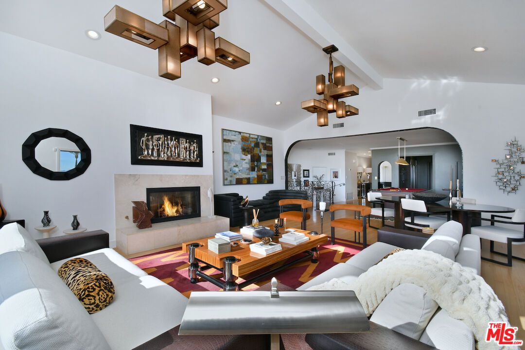 Dining room, Fireplace, Interior, Living room, Pendant Lights, Recessed Lighting, Wood Texture Flooring