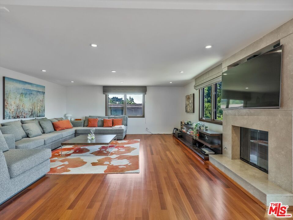 Fireplace, Interior, Living room, Recessed Lighting, Wood Texture Flooring
