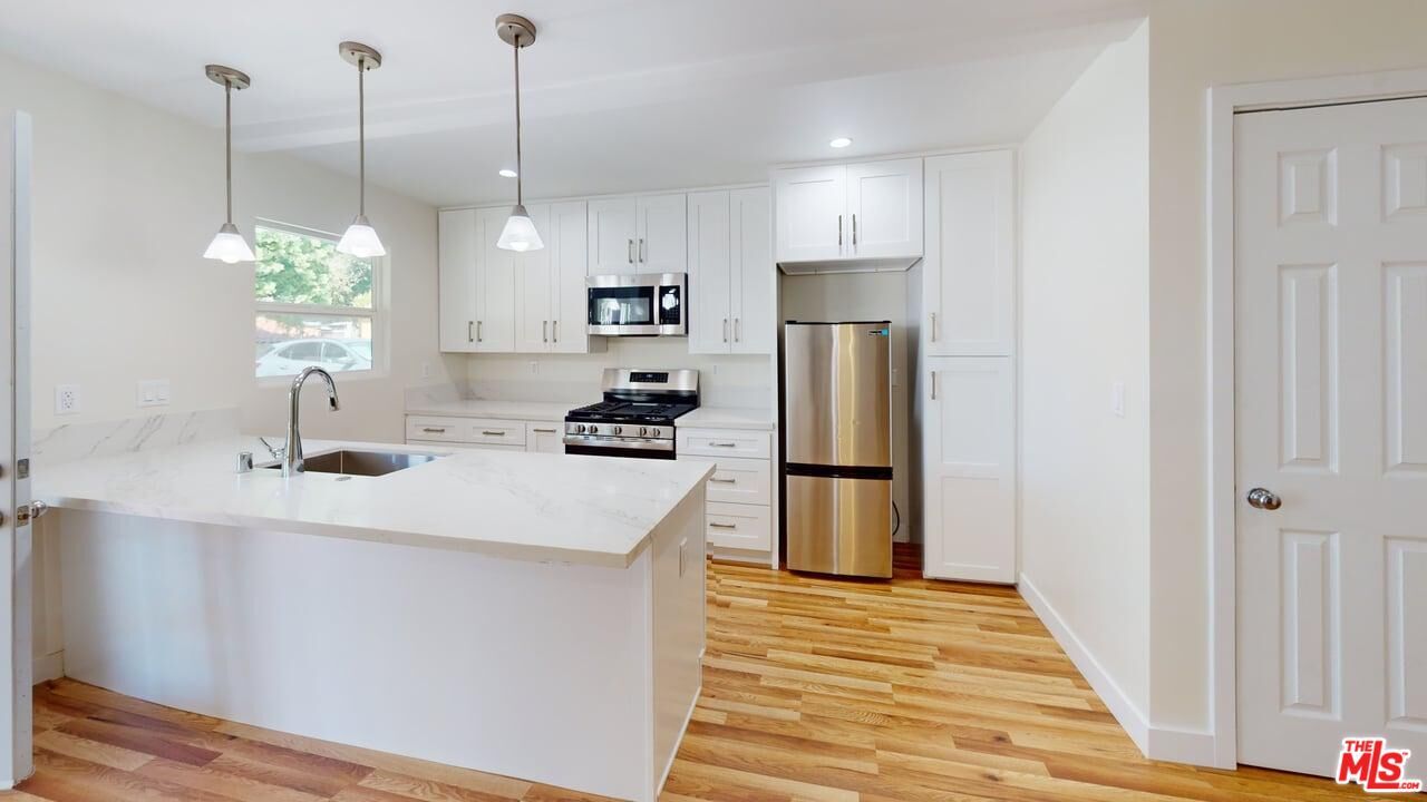 Interior, Kitchen, Pendant Lights, Recessed Lighting, Stainless Steel Appliances, Wood Texture Flooring