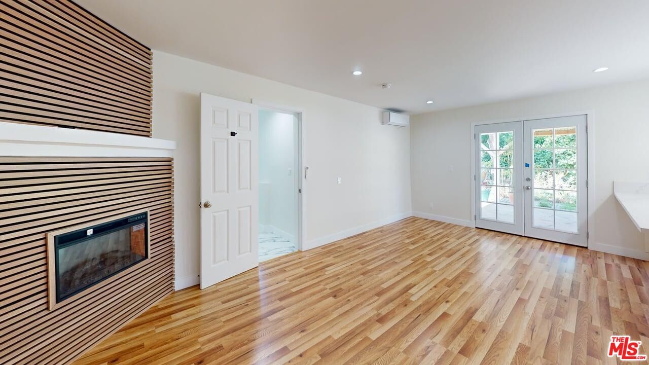Empty room, Fireplace, Interior, Recessed Lighting, Wood Texture Flooring