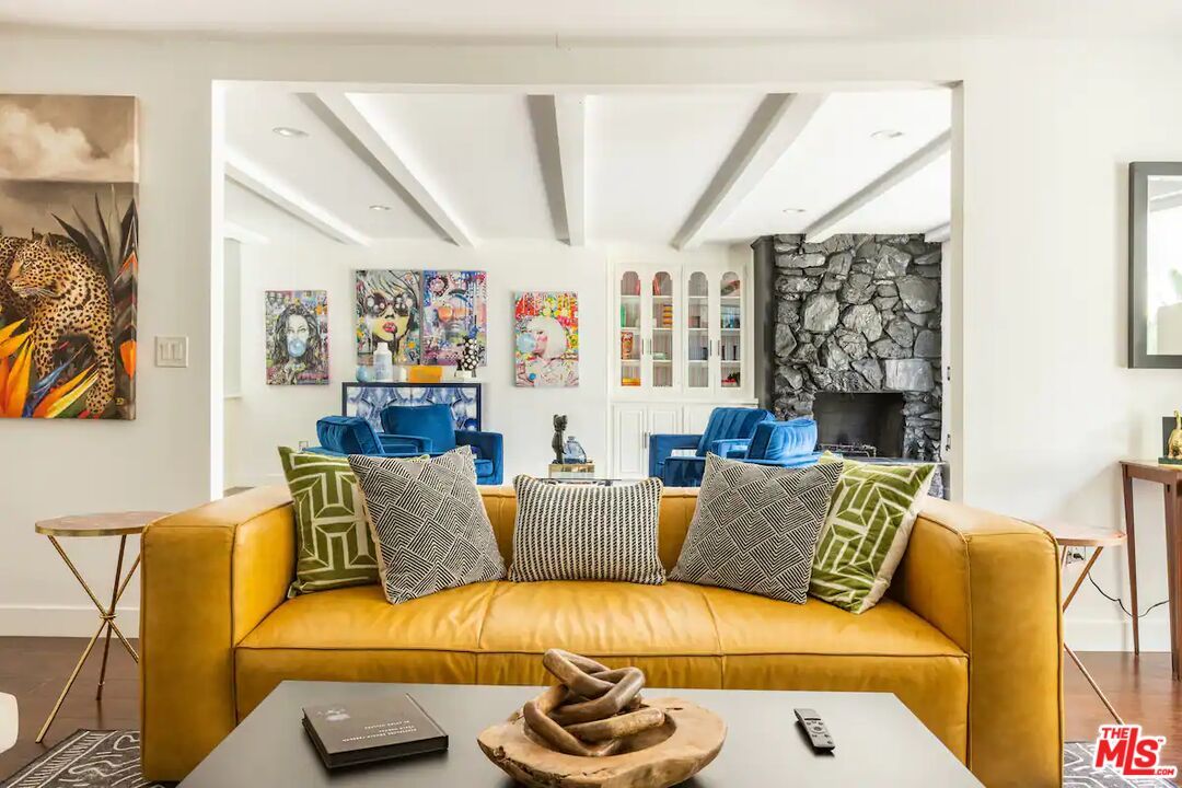 Fireplace, Interior, Living room, Recessed Lighting, Stone Walls