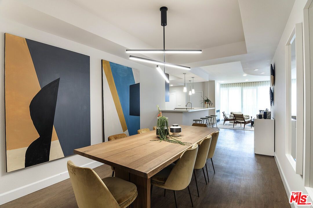 Dining room, Interior, Pendant Lights, Recessed Lighting, Wood Texture Flooring