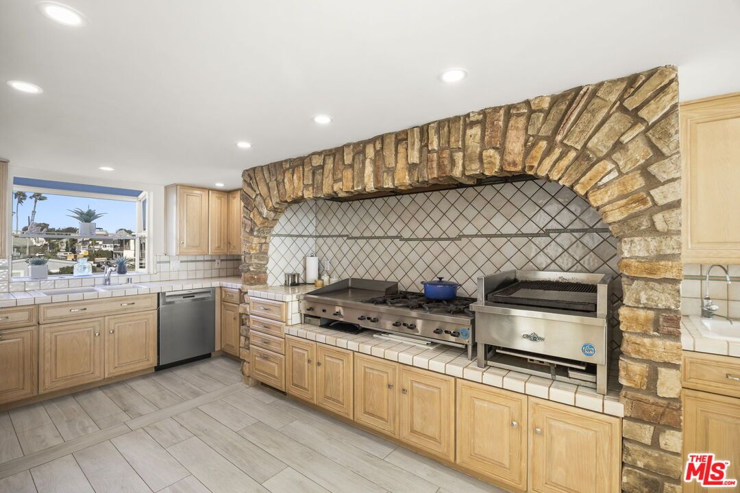 Interior, Kitchen, Recessed Lighting, Stainless Steel Appliances, Tile Countertops, Wood Texture Flooring