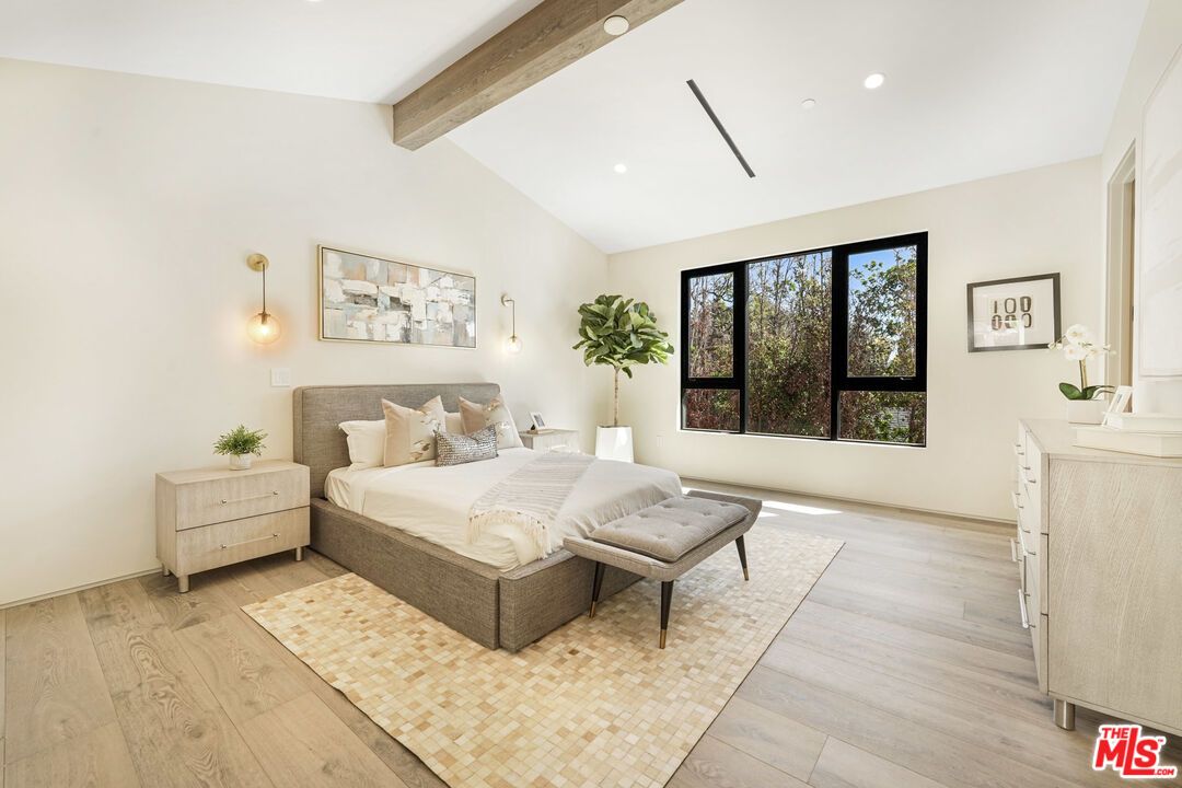 Bedroom, Interior, Pendant Lights, Recessed Lighting, Wooden Beams, Wood Texture Flooring