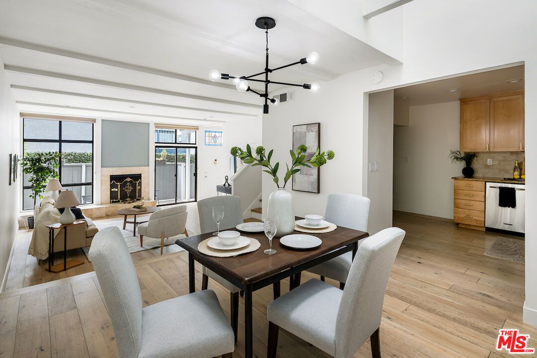 Dining room, Fireplace, Interior, Kitchen, Living room, Pendant Lights, Wood Texture Flooring