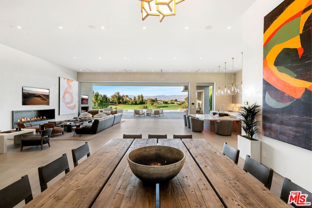 Dining room, Fireplace, Interior, Living room, Pendant Lights, Recessed Lighting, Wood Texture Flooring