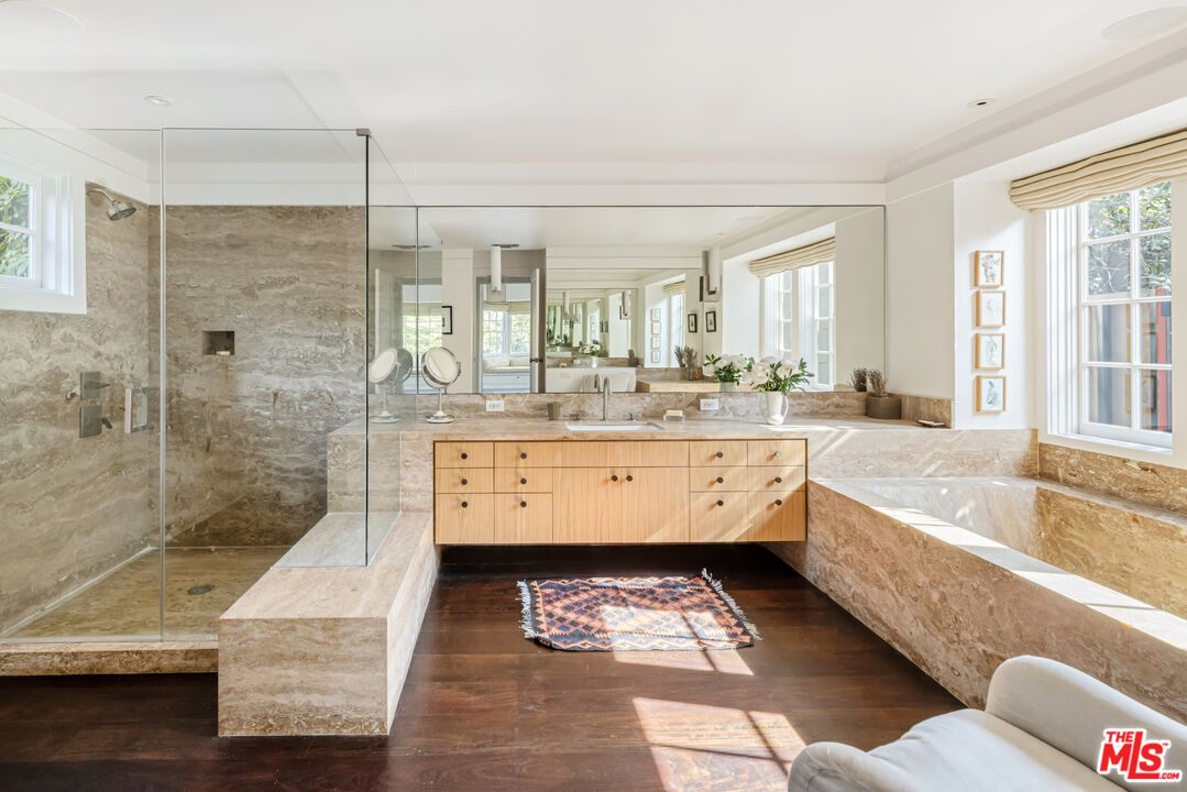 Bathroom, Dual Sink Vanities, Glass Shower, Interior, Recessed Lighting, Wood Texture Flooring