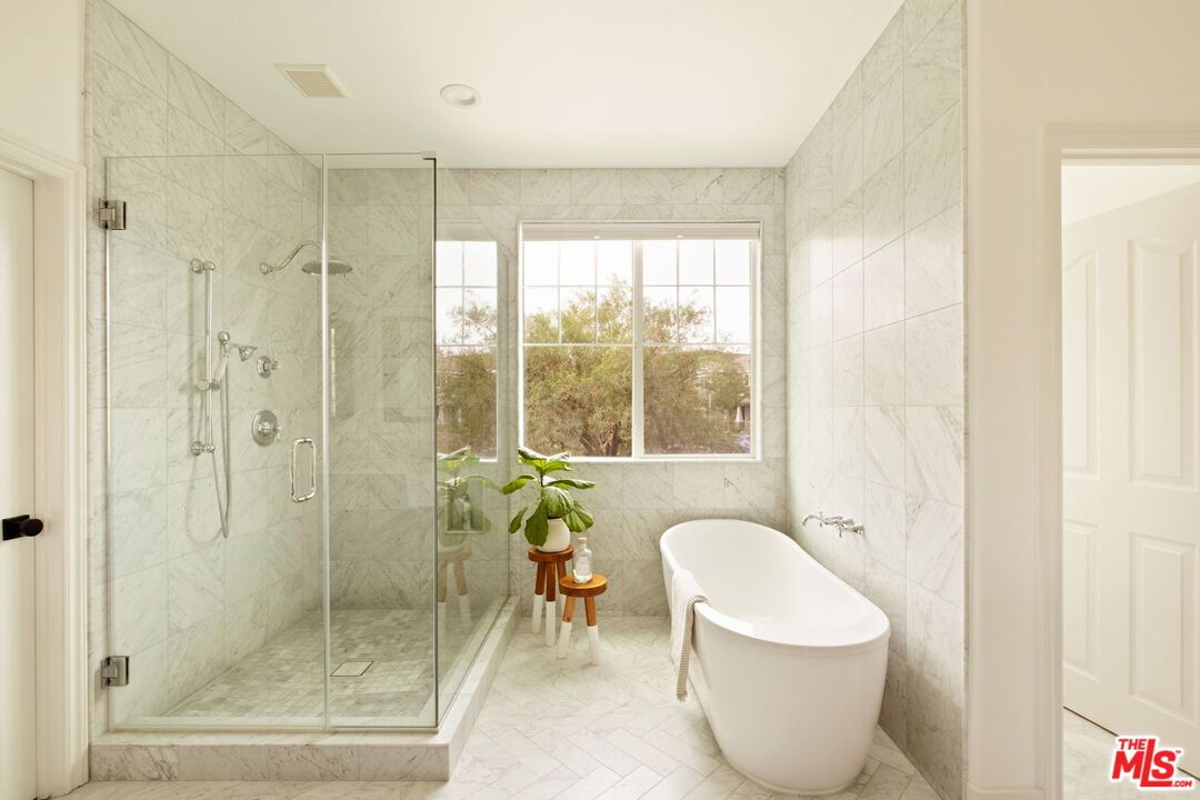Bathroom, Free Standing Baths, Glass Shower, Interior, Marble, Marble Walls, Recessed Lighting