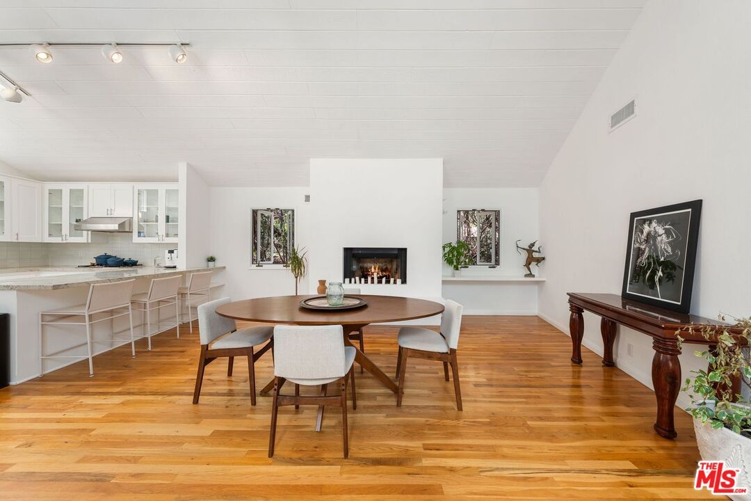 Dining room, Fireplace, Interior, Kitchen, Wood Texture Flooring
