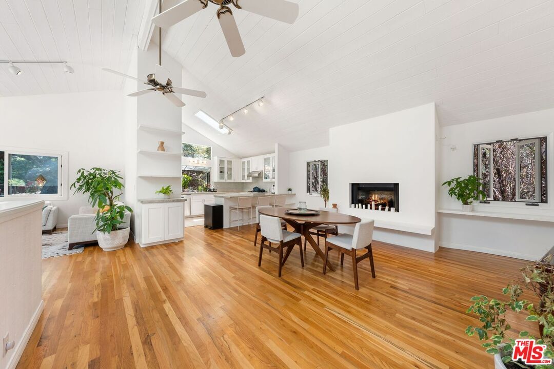 Dining room, Fireplace, Interior, Kitchen, Wood Texture Flooring