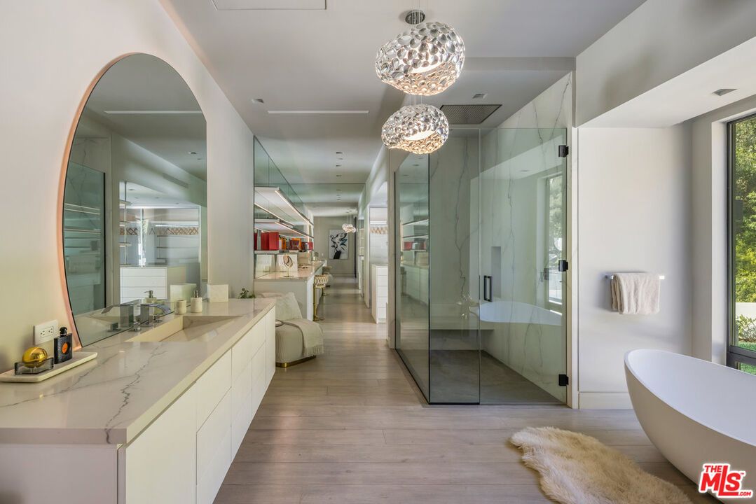 Bathroom, Free Standing Baths, Glass Shower, Interior, Pendant Lights, Recessed Lighting, Wood Texture Flooring