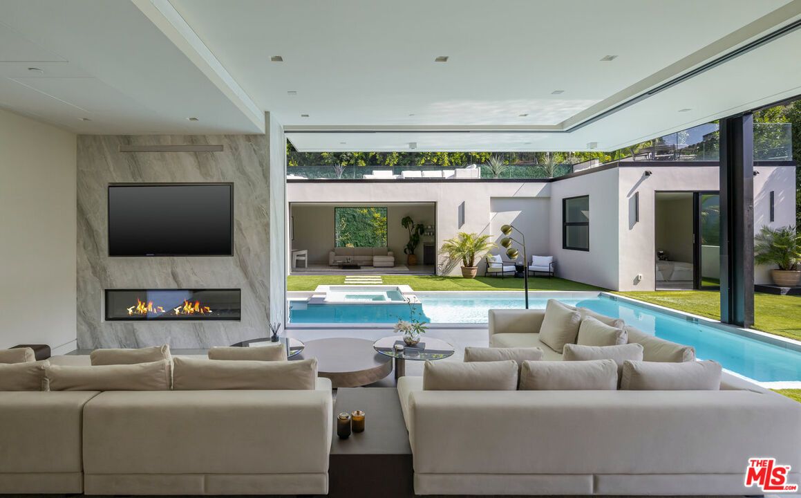 Fireplace, Interior, Living room, Pool, Recessed Lighting