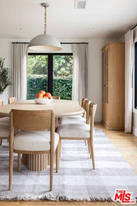 Dining room, Interior, Pendant Lights, Recessed Lighting, Wood Texture Flooring