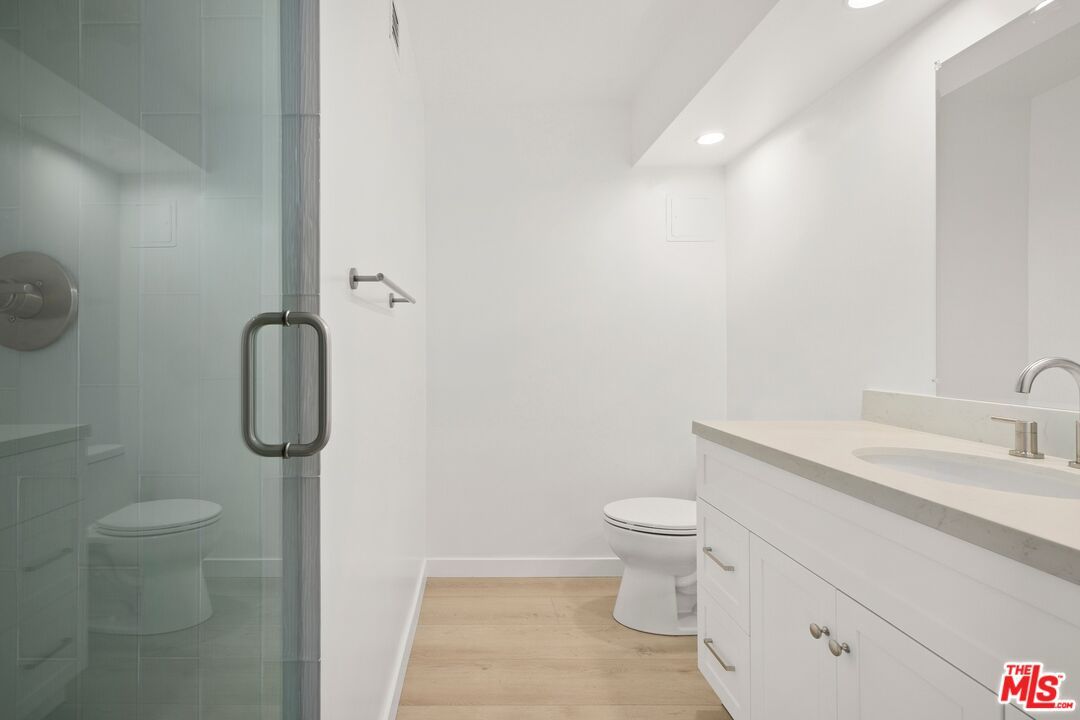 Bathroom, Glass Shower, Interior, Recessed Lighting, Wood Texture Flooring
