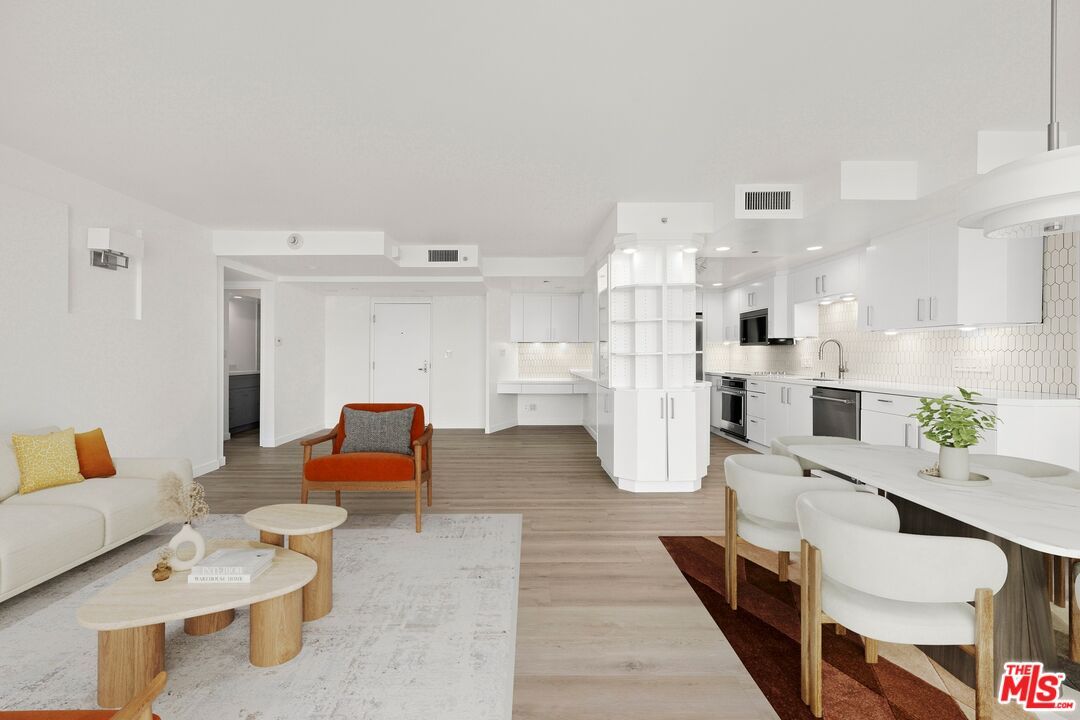 Dining room, Interior, Kitchen, Living room, Recessed Lighting, Stainless Steel Appliances, Wood Texture Flooring
