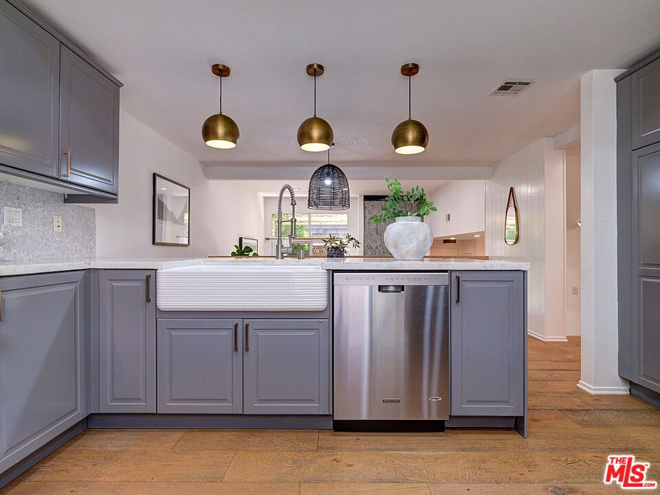 Interior, Kitchen, Pendant Lights, Stainless Steel Appliances, Wood Texture Flooring