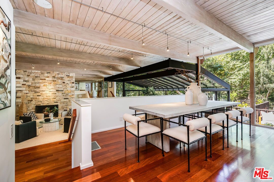 Dining room, Fireplace, Interior, Stone Walls, Wooden Beams, Wooden Ceilings, Wood Texture Flooring