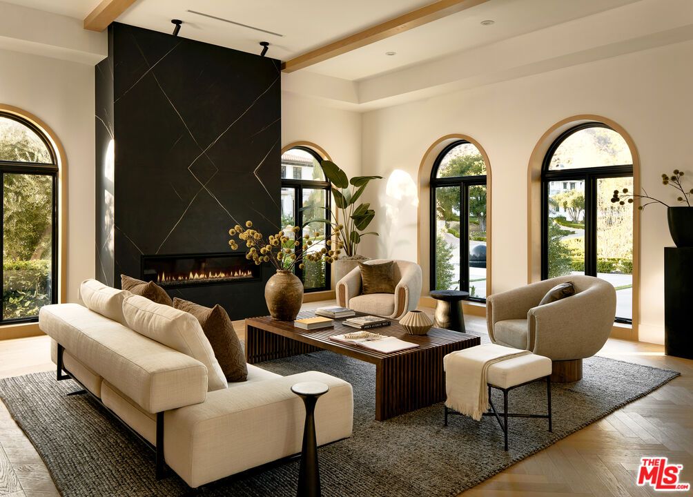 Fireplace, Interior, Living room, Recessed Lighting, Wood Texture Flooring