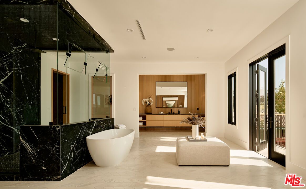 Bathroom, Dual Sink Vanities, Free Standing Baths, Interior, Marble, Marble Walls, Recessed Lighting