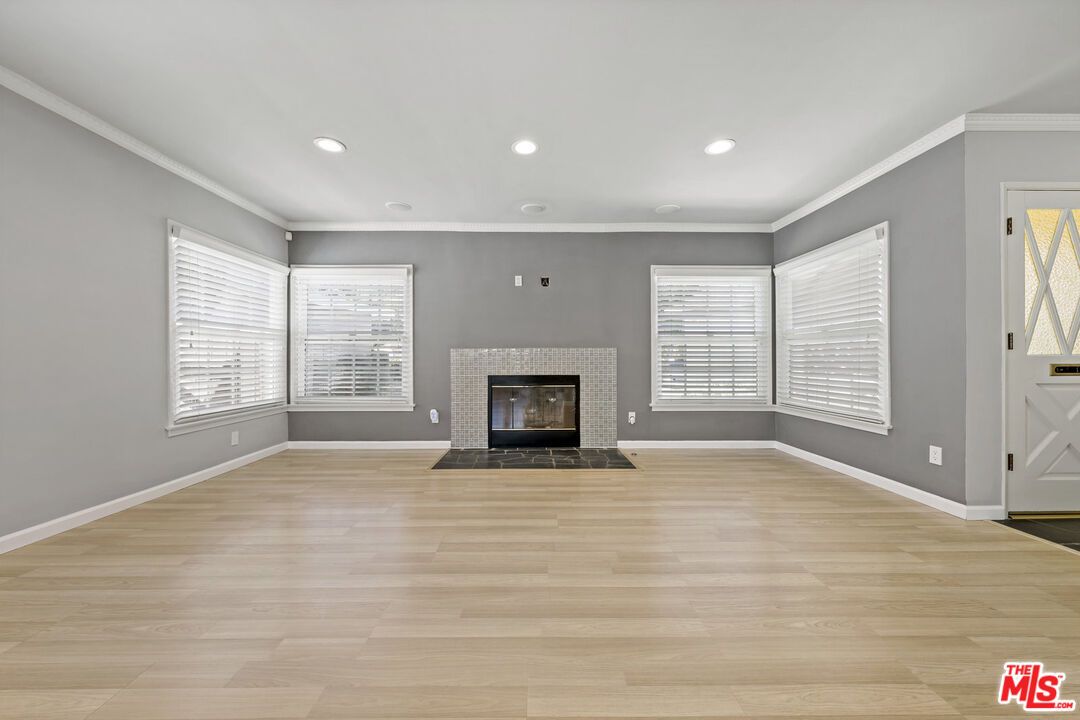 Empty room, Fireplace, Interior, Recessed Lighting, Wood Texture Flooring
