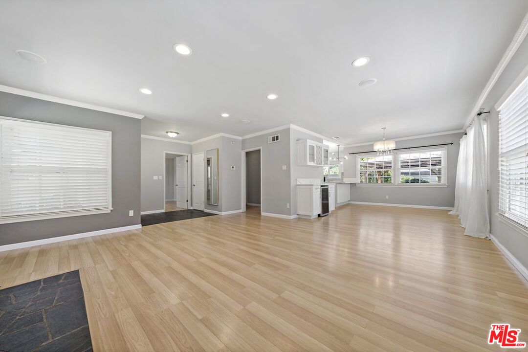 Chandelier, Empty room, Interior, Kitchen, Recessed Lighting, Wood Texture Flooring