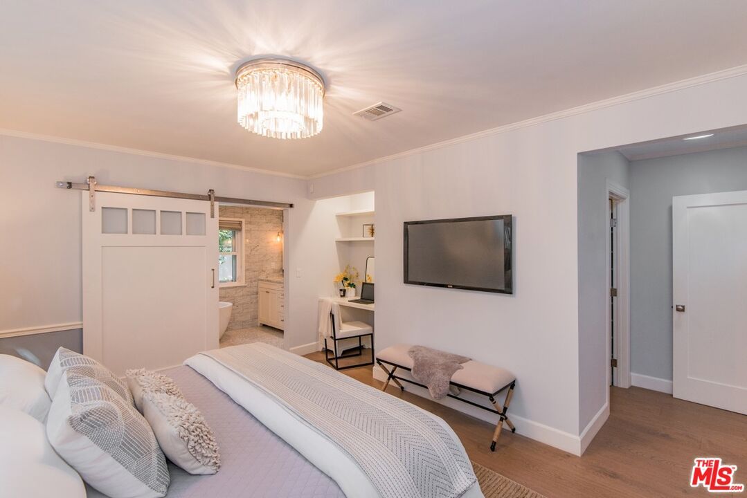 Bedroom, Chandelier, Interior, Wood Texture Flooring