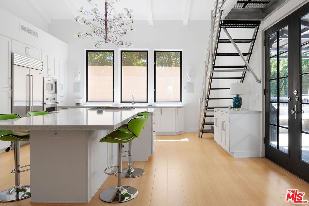 Chandelier, Interior, Kitchen, Stainless Steel Appliances, Wood Texture Flooring