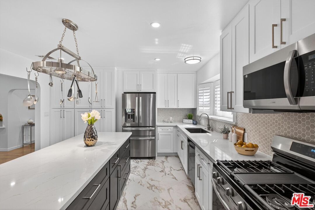 Interior, Kitchen, Marble, Pendant Lights, Recessed Lighting, Stainless Steel Appliances