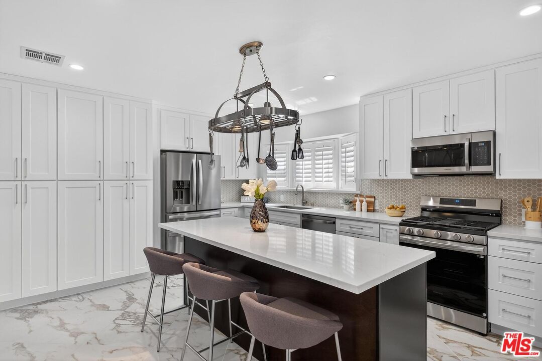 Interior, Kitchen, Marble, Pendant Lights, Recessed Lighting, Stainless Steel Appliances
