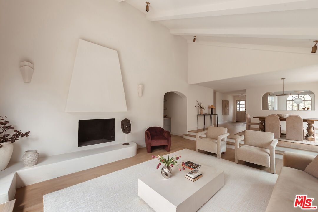 Dining room, Fireplace, Interior, Living room, Pendant Lights, Wood Texture Flooring