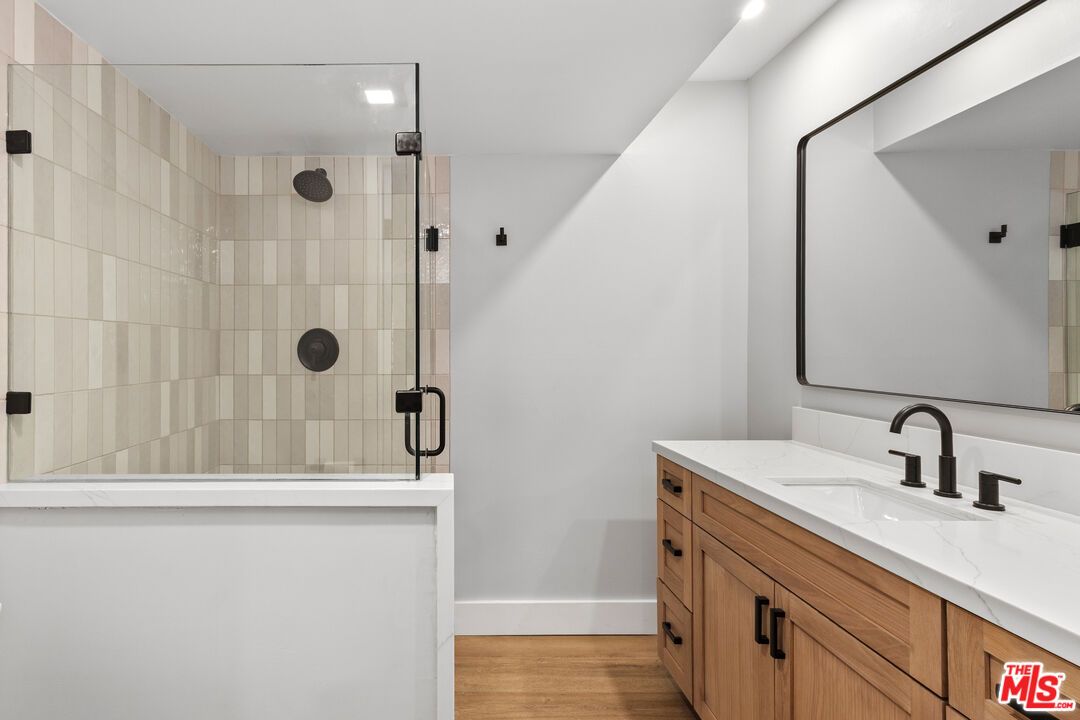 Bathroom, Glass Shower, Interior, Recessed Lighting, Wood Texture Flooring