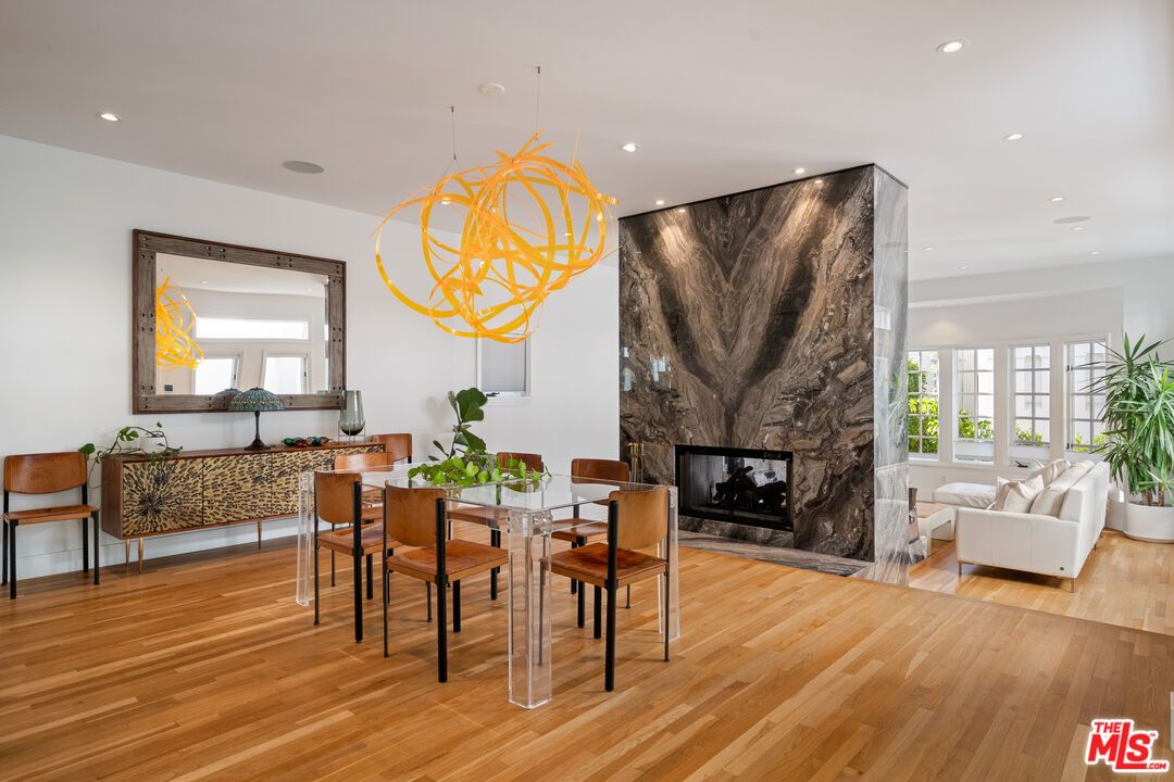 Dining room, Fireplace, Interior, Living room, Pendant Lights, Recessed Lighting, Wood Texture Flooring