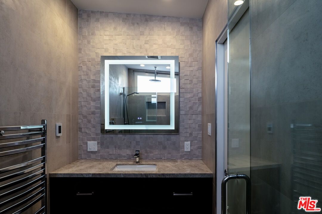 Bathroom, Glass Shower, Interior, Recessed Lighting, Stone Walls