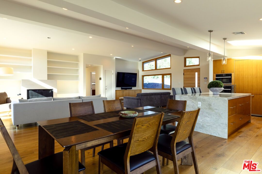 Dining room, Fireplace, Interior, Kitchen, Living room, Pendant Lights, Recessed Lighting, Wood Texture Flooring